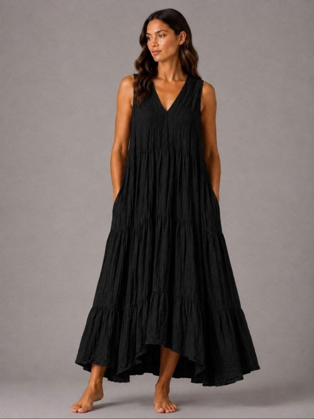 Women’s Boho 100% Cotton Maxi Dress Black Lined V-Neck Pockets One Size L